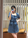 Famous And Niche Design Square Dress 2024 Summer Temperament Beautiful Denim Blue Coarse Flower Dress