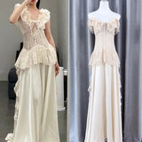 Design Lace Stitching Dress Retro Temperament Shoulder Light Luxury Dress 2024 New Model