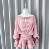 Spring And Summer New French Pure Desire Shoulder Bow Tective Chest Long Sleeve Fluffy Trouser Skirt