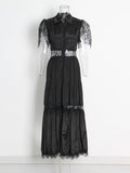 Black Rose Lace Stitched 2025 New Women's Summer Collar Short-Sleeved Long Solid Dress