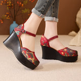 Real Leather National Style Print Ultra-High With Idyllic Wind Thick Bottom Retro College Style Buckle Sandals High Quality Shoes
