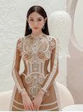 2025 Lace Water-Soluble Flower Hollow Dress Long Sleeve Brown Short Skirt