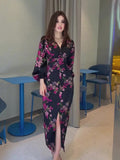 New Retro Print V-Neck Long Sleeves Open Waist Dress Female Summer Temperament Thin Dress