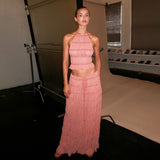 Explosive Dew-Back Strap Hanging Neck Top Set Wood Ear Chiffon Wrinkle Long Dress Two Sets