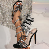 With A Snake-Shaped Winding Dew Water Drill Flashing Bow And High Heel Sexy Sandals Women's Shoes High Quality Shoes
