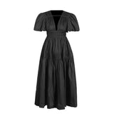 Retro Elegant Style Dress 2025 Summer New V-Neck Bubble Sleeve Folded Lotus Leaves Side Waist Dress Dress Woman