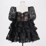 Version Of The Women's Group Wind 2025 Summer New Heavy Industry Bubble Sleeves Embroidered With Leaves Side Short Women's Dress