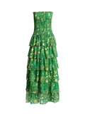 Pastoral Chiffon Dress 2025 Summer New Green Print Chest Lotus Leaf Folding Dress Dress Woman