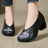 Conciliese Real Leather Embroidered Purple Flowers Comfortable Coarse With 5Cm Good To Wear Comfortable National Wind Mother Women's Singles Shoes High Quality Shoes