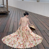Swing Atmosphere Feel The Flower Temperament Of The Waist Thin 100 Folds Hanging Neck Slings Long Skirt Seaside Skirt