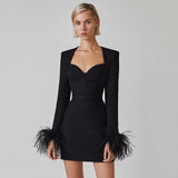 Women's Clothing 2025 Spring New Bandage Dress Elegant Square Collar Feathers Long-Sleeved Dress Dress