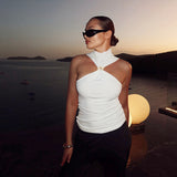 Women's Solid Color Hanging Neck Sleeveless Metal Ring High-Neck Short-Sleeved Vest DJPT