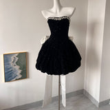 Shooting Autumn And Winter New Bow Bow Heavy Industry Star Flash Drill Chest Thin Waist Fluffy Velvet Dress HZ0628