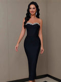 2025 Sexy Diamond-Studded Temperament Banquet Dress Open-To-Shoulder Fork With Bandits