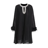 Court Niche Design Mid-Term 2025 New Diamond-Coated Collar Hollow Long-Sleeved Ostrich Wool Dress
