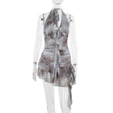 Mesh Printing Lotus Leaf Hanging Neck Dress Woman 2025 New Holiday Dress DJPT