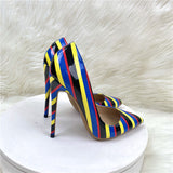 Color Striped High Heels 12CM Pointed Thin-Heeled Women's Shoes Banquet Shoes High Quality Shoes