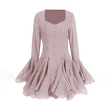 Fairy Dress 2025 New Square Collar Single Buckle Lotus Side Horn Sleeve Short Dress