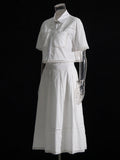 Summer New Collar Short-Sleeved Shirt + High Waist Long Skirt Lace Embroidery Two-Set Suit Woman