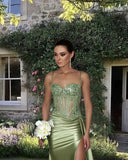 Mermaid Spaghetti Straps Sage Green Long Satin Prom Dresses Formal Evening Dress SD2416 HZ0628