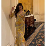 Sheath V Neckline Floral Yellow Slit Prom Dresses Birthday Outfits Evening Gown SD1034