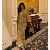 Sheath V Neckline Floral Yellow Slit Prom Dresses Birthday Outfits Evening Gown SD1034