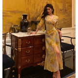 Sheath V Neckline Floral Yellow Slit Prom Dresses Birthday Outfits Evening Gown SD1034