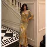 Sheath V Neckline Floral Yellow Slit Prom Dresses Birthday Outfits Evening Gown SD1034