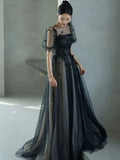 Puff Sleeves Tulle Long Prom Dress Black Formal Evening Dress SD1303