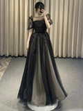 Puff Sleeves Tulle Long Prom Dress Black Formal Evening Dress SD1303