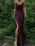 Silk Satin Long Evening Party Dress Prom Dresses with High Slit SD1342