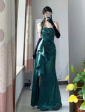 Sheath Strapless Floor Length Ruffles Slit Green Satin Prom Dresses SD1350 HZ0628