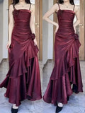 Red Satin Long Straps Prom Dress Wine Red A-line Party Dress SD1360