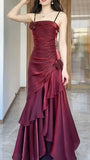 Red Satin Long Straps Prom Dress Wine Red A-line Party Dress SD1360