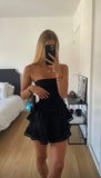A line Strapless Layered Ruffle Mini Dresses Black Homecoming Dress 16th Birthday Dresses SD1436 HZ0628