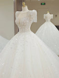 Ball Gown Square Neckline Short Sleeves Sequin White Wedding Dresses Brides Dress SD1949 HZ0628