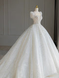 Ball Gown Square Neckline Short Sleeves Sequin White Wedding Dresses Brides Dress SD1949 HZ0628