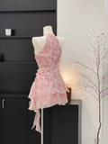 A Line Halter Ruffled Pink Floral Short Women's Holiday Dresses SD194 HZ0628