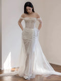 Mermaid Off The Shoulder White Tulle Long Wedding Dresses Bridal Dress SD1975 HZ0628