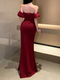 Off The Shoulder Floor-length Burgundy Satin Slit Prom Dresses SD2005