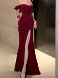 Off The Shoulder Floor-length Burgundy Satin Slit Prom Dresses SD2005