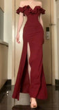 Off The Shoulder Floor-length Burgundy Satin Slit Prom Dresses SD2005