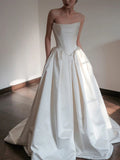 Ball Gown Strapless Neckline Long White Satin Wedding Dresses SD2100 HZ0628