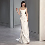 Mermaid Square Neckline Satin Pleats White Wedding Dresses SD2111 HZ0628