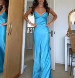 Spaghetti Strap Sleeveless Mermaid Satin Long Backless Prom Dresses SD2470 HZ0628