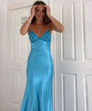 V-neck Blue Beaded Back Tie A-line Long Prom Dress SD2470 HZ0628