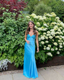 V-neck Blue Beaded Back Tie A-line Long Prom Dress SD2470 HZ0628