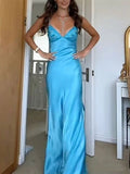 V-neck Blue Beaded Back Tie A-line Long Prom Dress SD2470 HZ0628