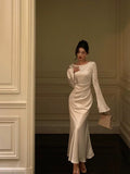 Mermaid Boat Neckline Long Sleeves Silk Satin Prom Dresses Birthday Dress SD300 HZ0628