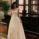 A line Square Neckline Sleeveless White Date Night Dress Prom Dresses Birthday Outfits SD708 HZ0628